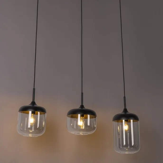 Design-Hängelampe schwarz mit Gold und Rauchglas 3-flammig - Kyan
