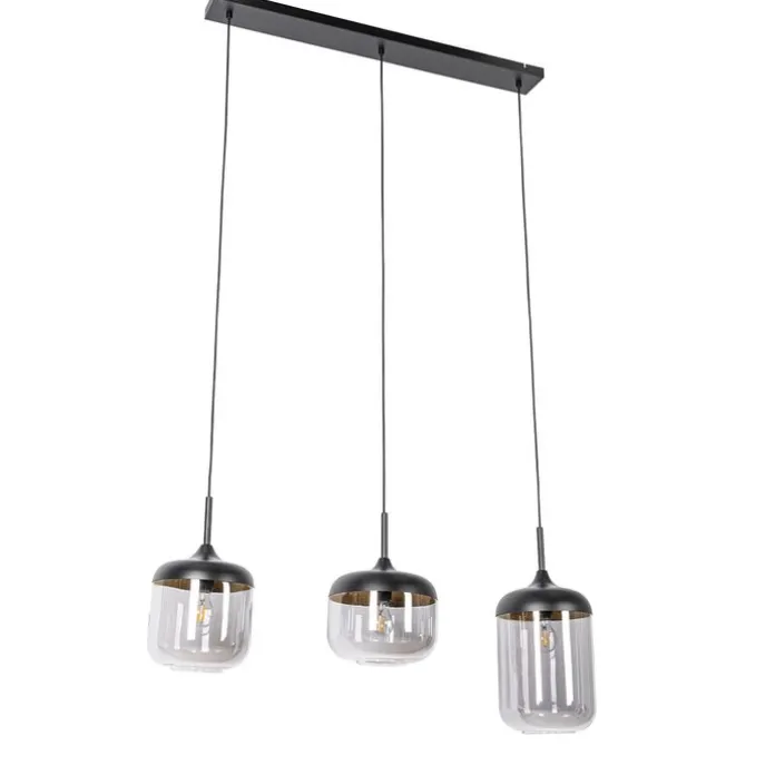 Design-Hängelampe schwarz mit Gold und Rauchglas 3-flammig - Kyan