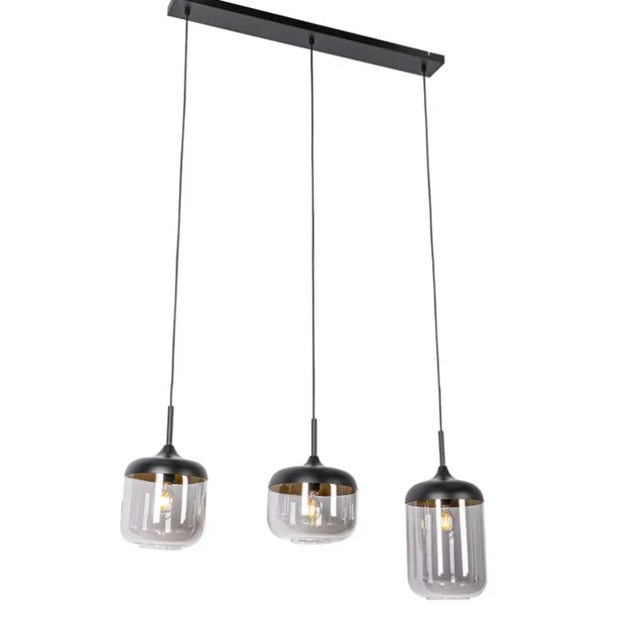 Design-Hängelampe schwarz mit Gold und Rauchglas 3-flammig - Kyan