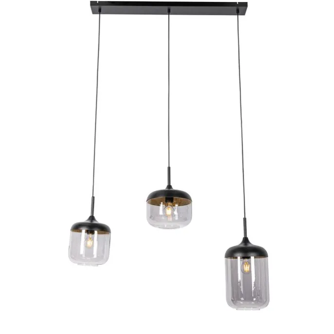 Design-Hängelampe schwarz mit Gold und Rauchglas 3-flammig - Kyan
