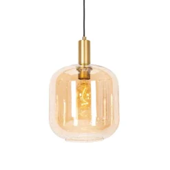 Design-Hängelampe schwarz mit Messing und bernsteinfarbenem Glas – Zuzanna