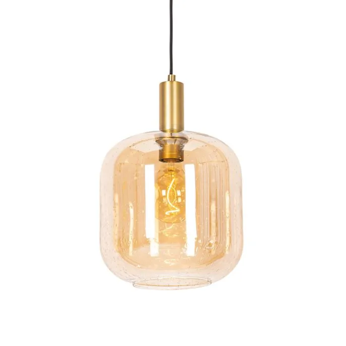 Design-Hängelampe schwarz mit Messing und bernsteinfarbenem Glas – Zuzanna