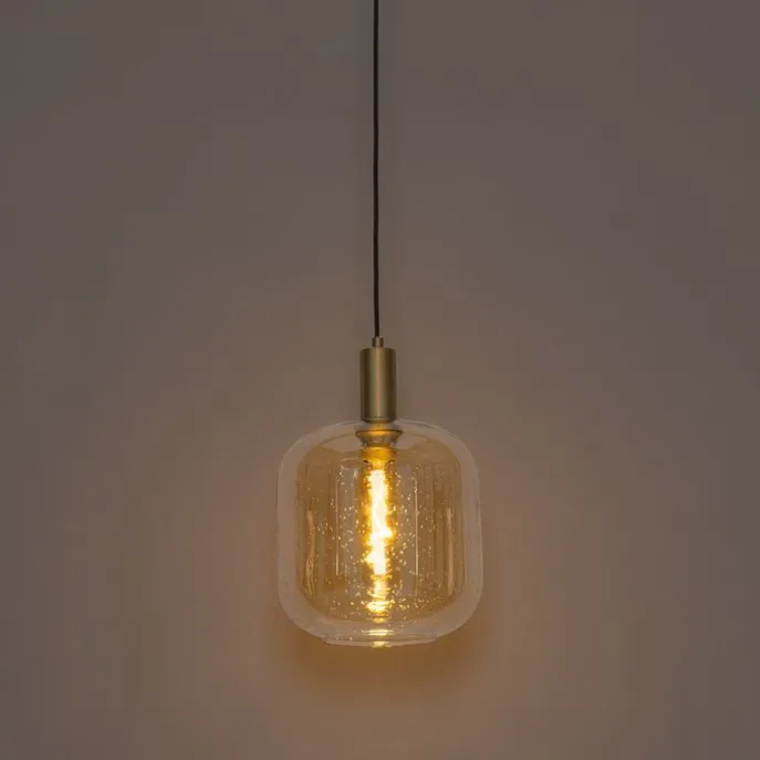 Design-Hängelampe schwarz mit Messing und bernsteinfarbenem Glas – Zuzanna