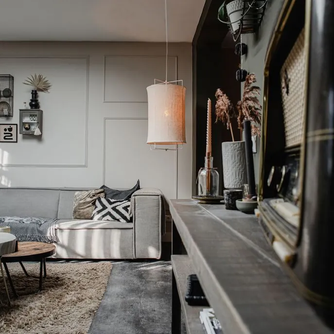 Design-Hängeleuchte weiß mit beigefarbenem Schirm - Rich