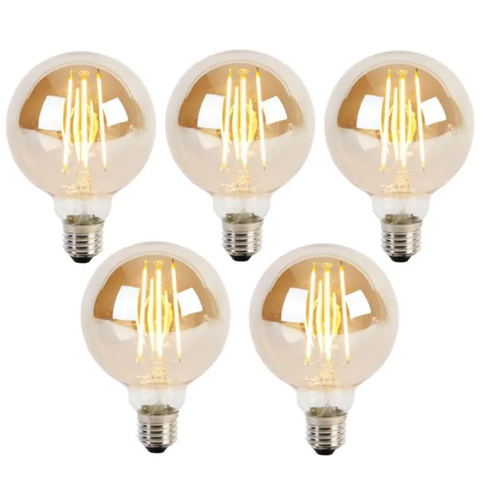 5er Set E27 3-Stufen dimmbar LED Glühbirnen G95 Gold Glas 5W 380lm 2200K