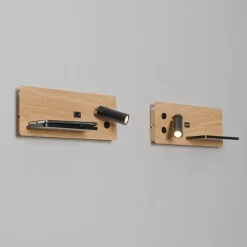 2er Set Wandleuchte Schwarz mit Holz inkl. LED mit USB und Induktionsladegerät - Riza