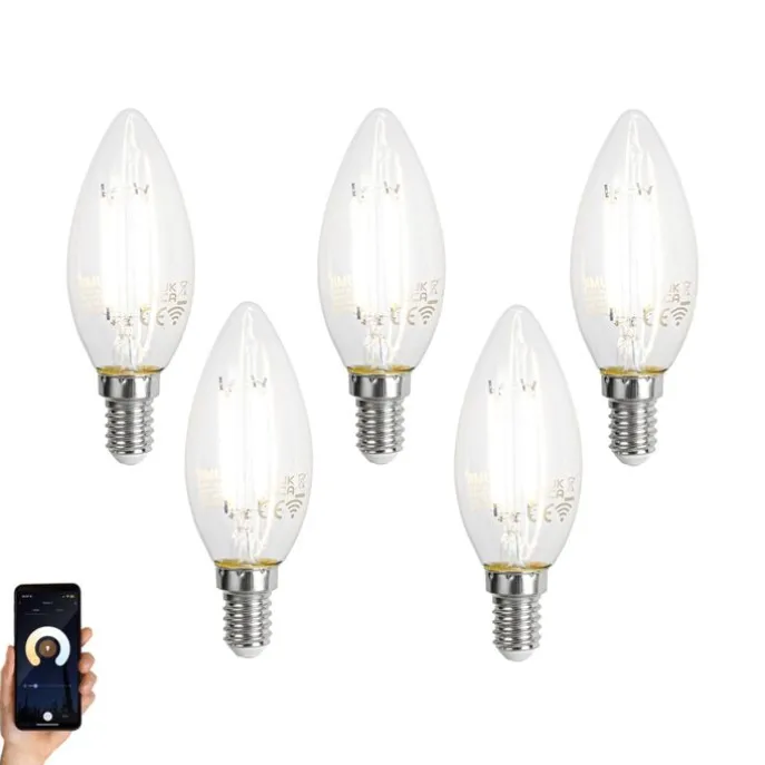 5er-Set Smart E14 LED-Lampen C35 Klar 4.2W 470 lm 2700-6500K