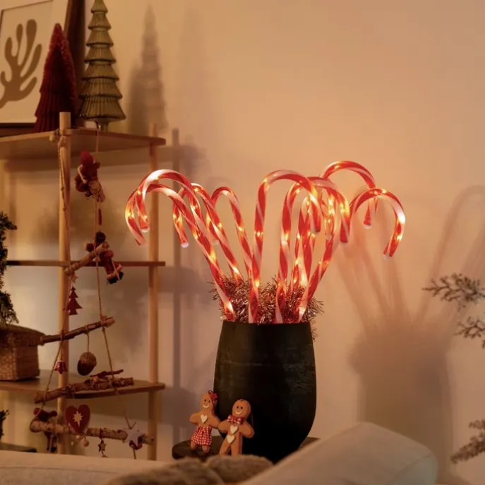 5er-Set Weihnachtsstecker rot mit weißen Zuckerstangen inkl. LED mit Timer IP44 - Melchior