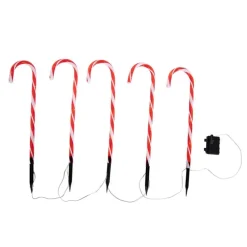 5er-Set Weihnachtsstecker rot mit weißen Zuckerstangen inkl. LED mit Timer IP44 - Melchior