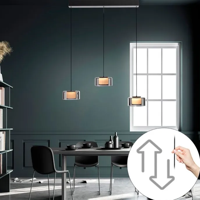 Hanglamp zwart met smoke glas incl. LED 3-lichts easylift - Rika