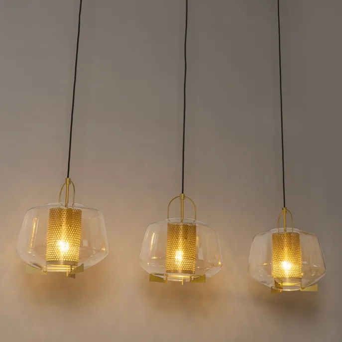 Hängelampe gold mit braunem Glas 30 cm länglich 3-flammig - Kevin