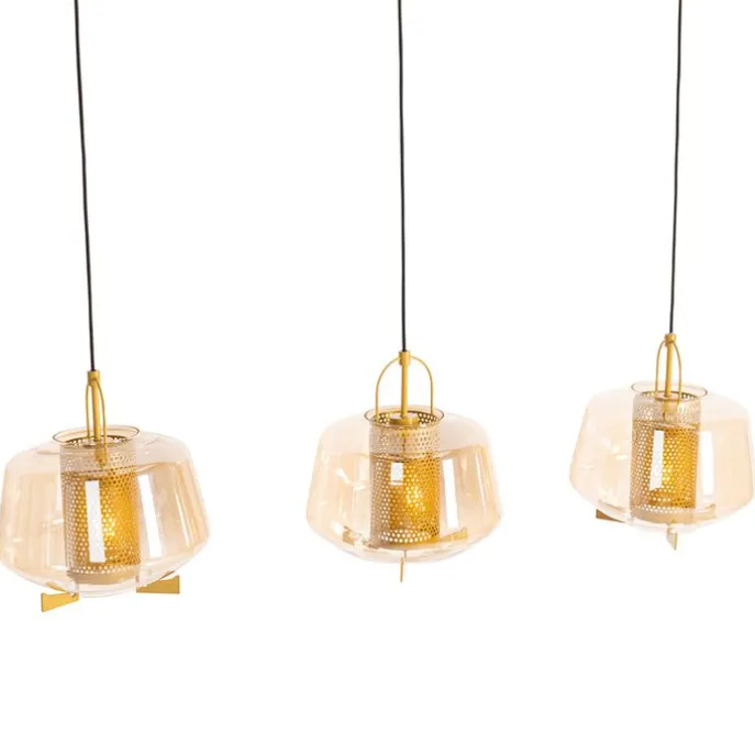 Hängelampe gold mit braunem Glas 30 cm länglich 3-flammig - Kevin