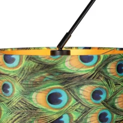 Hängelampe mit Samtschirmen Pfau mit Gold 35 cm - Blitz II schwarz