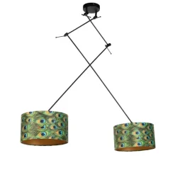 Hängelampe mit Samtschirmen Pfau mit Gold 35 cm - Blitz II schwarz