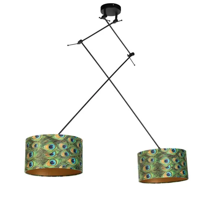 Hängelampe mit Samtschirmen Pfau mit Gold 35 cm - Blitz II schwarz