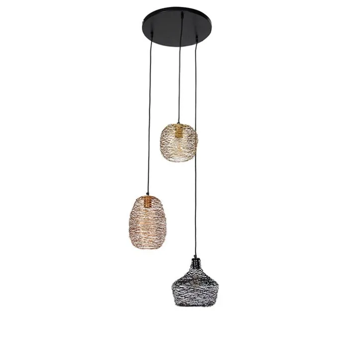 Hängelampe schwarz gold und kupfer rund 3-flammig - Sarella