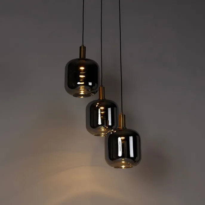 Hängelampe schwarz mit Gold und Rauchglas inkl. 3 PUCC - Zuzanna