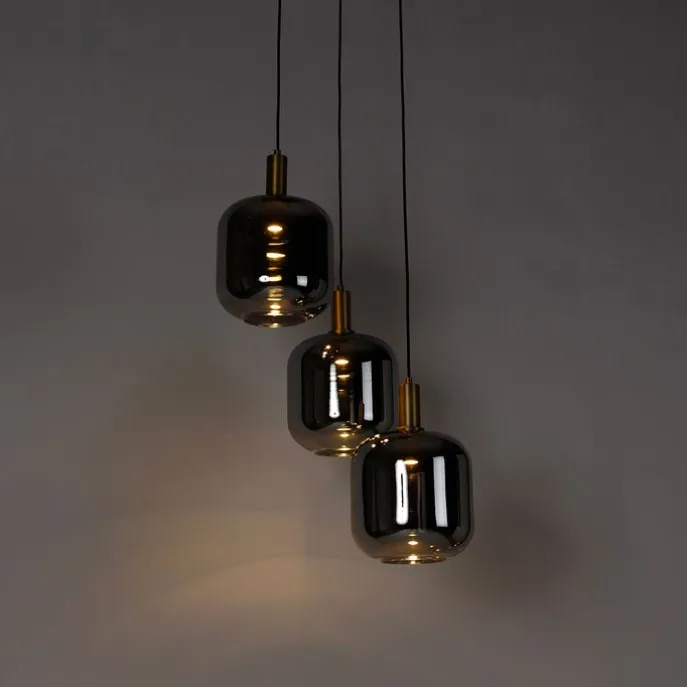 Hängelampe schwarz mit Gold und Rauchglas inkl. 3 PUCC - Zuzanna