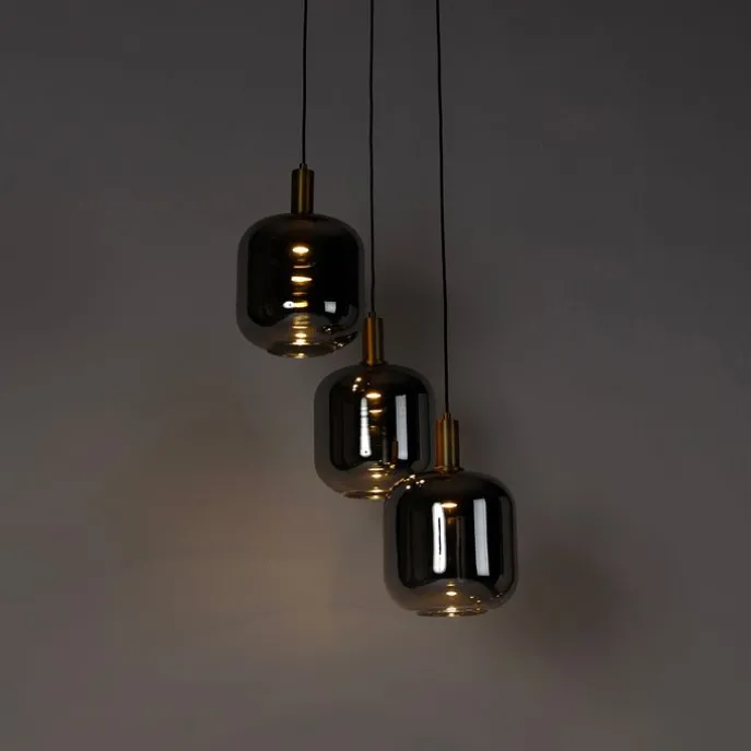 Hängelampe schwarz mit Gold und Rauchglas inkl. 3 PUCC - Zuzanna