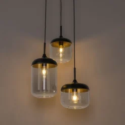 Hängelampe schwarz mit Gold und Rauchglas, 3-flammig, rund – Kyan