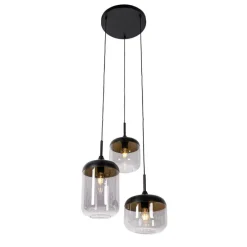Hängelampe schwarz mit Gold und Rauchglas, 3-flammig, rund – Kyan