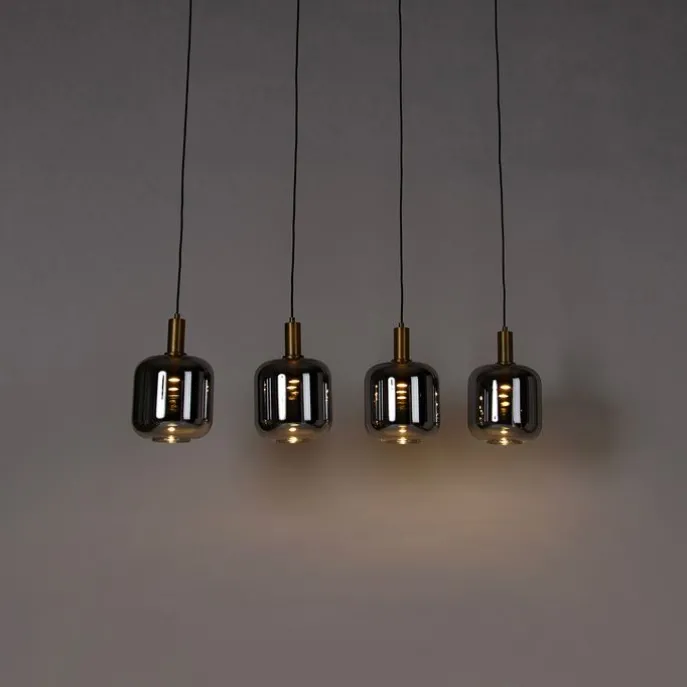 Hängelampe schwarz mit Gold und Rauchglas inkl. 4 PUCC - Zuzanna