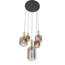 Hängelampe schwarz mit Gold mit Rauchglas 5-flammig – Zuzanna