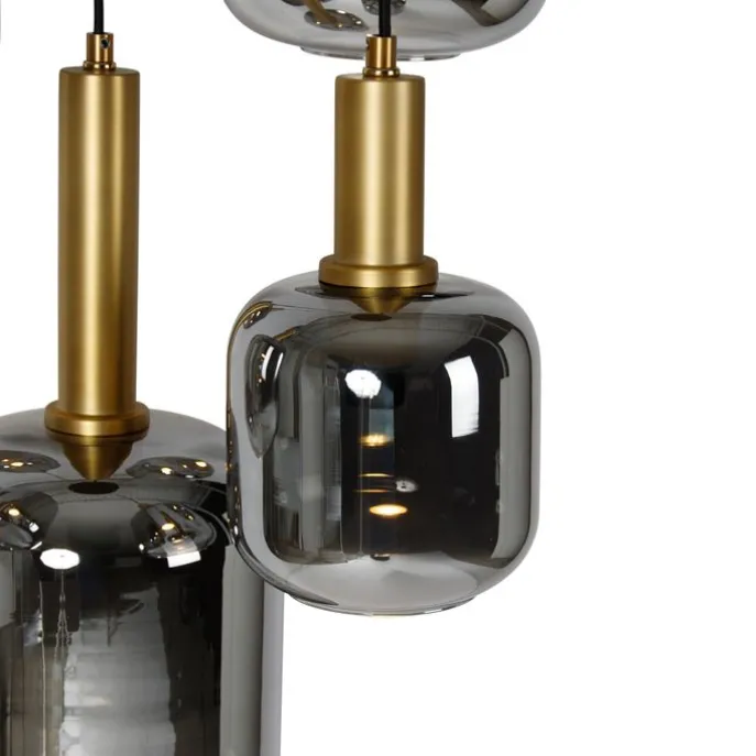 Hängelampe schwarz mit Gold mit Rauchglas inkl. 5 PUCC - Zuzanna