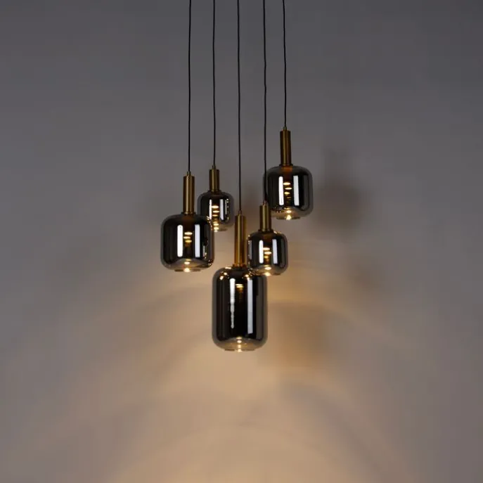 Hängelampe schwarz mit Gold mit Rauchglas inkl. 5 PUCC - Zuzanna