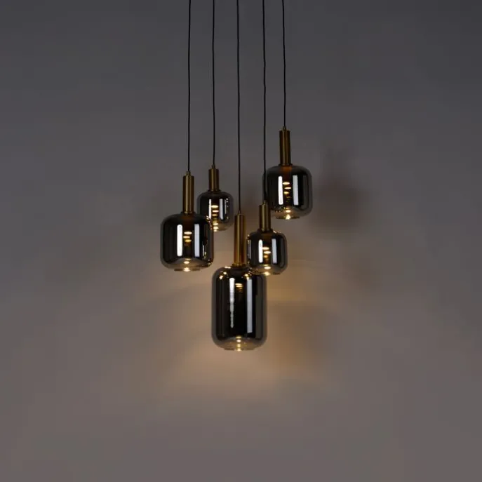 Hängelampe schwarz mit Gold mit Rauchglas inkl. 5 PUCC - Zuzanna