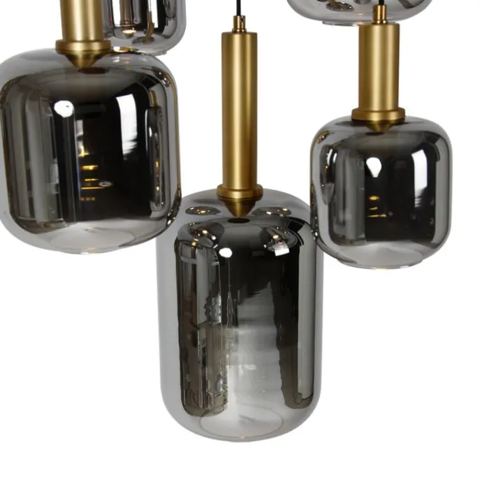 Hängelampe schwarz mit Gold mit Rauchglas inkl. 5 PUCC - Zuzanna