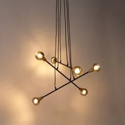 Hängelampe schwarz mit Messing und Rauchglas 6 Lichter - Vidro