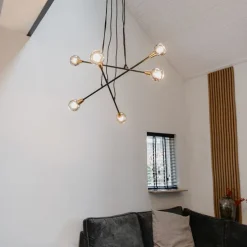 Hängelampe schwarz mit Messing und Rauchglas 6 Lichter - Vidro