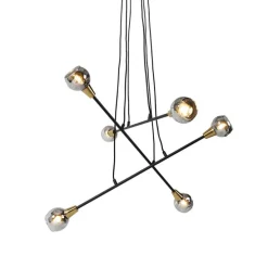 Hängelampe schwarz mit Messing und Rauchglas 6 Lichter - Vidro