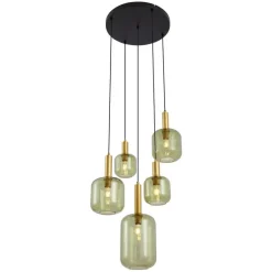 Hotel Chic Hängelampe Schwarz und Gold mit grünem Glas 5-Lichter - Zuzanna