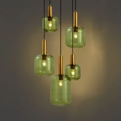 Hotel Chic Hängelampe Schwarz und Gold mit grünem Glas 5-Lichter - Zuzanna