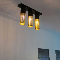 Industrielle Deckenlampe schwarz mit goldenem länglichem 3-Licht - Raspi