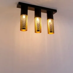 Industrielle Deckenlampe schwarz mit goldenem länglichem 3-Licht - Raspi