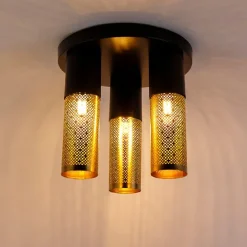 Industrielle Deckenlampe schwarz mit goldenen runden 3 Lichtern - Raspi
