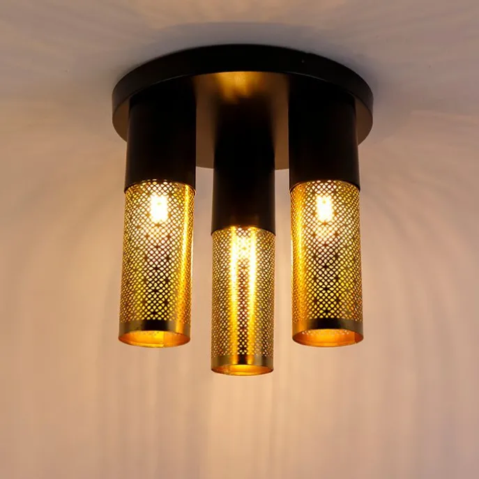 Industrielle Deckenlampe schwarz mit goldenen runden 3 Lichtern - Raspi