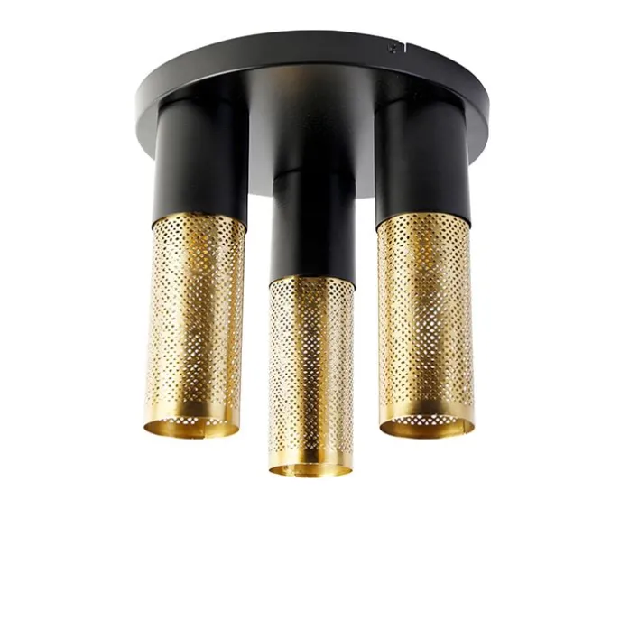 Industrielle Deckenlampe schwarz mit goldenen runden 3 Lichtern - Raspi