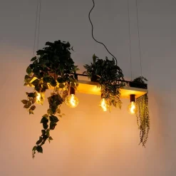 Industrielle Hängelampe schwarz mit Holz 4-Licht - Regal