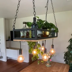 Industrielle Hängelampe schwarz mit Holz 5-Licht - Regal