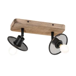 Industrieller Deckenstrahler schwarz mit Holz 2-flammig - Jasmijn
