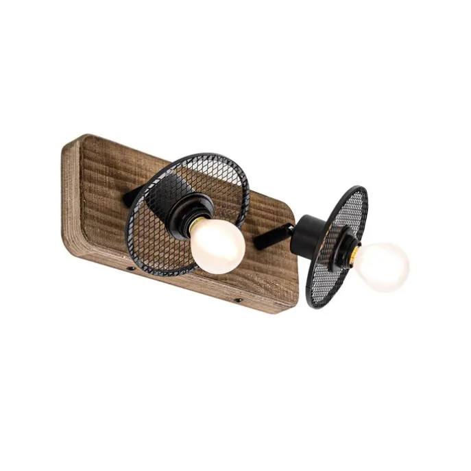 Industrieller Deckenstrahler schwarz mit Holz 2-flammig - Jasmijn