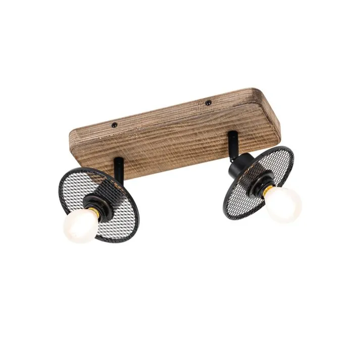 Industrieller Deckenstrahler schwarz mit Holz 2-flammig - Jasmijn