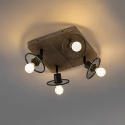 Industrieller Deckenstrahler schwarz mit Holz 4-flammig - Jasmijn