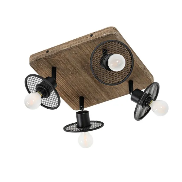 Industrieller Deckenstrahler schwarz mit Holz 4-flammig - Jasmijn
