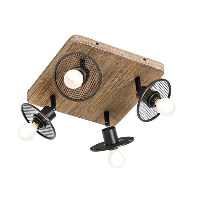 Industrieller Deckenstrahler schwarz mit Holz 4-flammig - Jasmijn