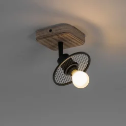 Industrieller Deckenstrahler schwarz mit Holz - Jasmijn